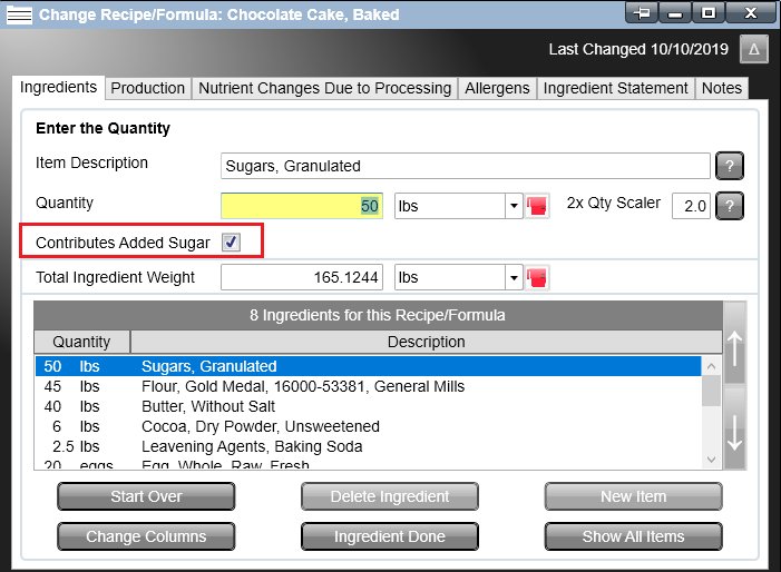 Change Recipe window with Added Sugar